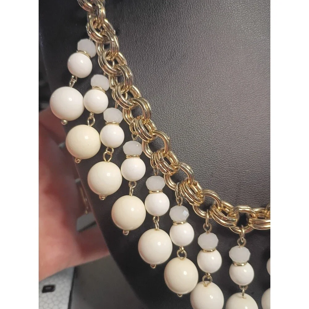 Ann Taylor Gold Tone Chain & White Bead Statement Necklace